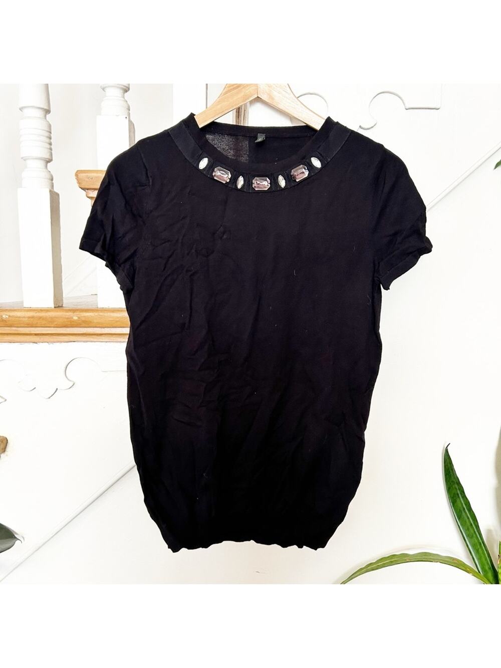 Stile Benetton Embellished Collar Short Sleeve Crew Neckline Black Top Size M